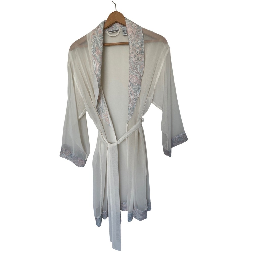 Valerie Stevens Robe Womens L Ivory Paisley Trim Sheer Mesh Tie Waist EUC